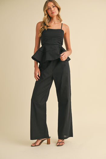 Klesis Solid Color Linen Blend Peplum Top and Pants Set in Black