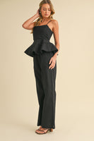Klesis Solid Color Linen Blend Peplum Top and Pants Set in Black