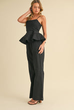 Load image into Gallery viewer, Klesis Solid Color Linen Blend Peplum Top and Pants Set in Black
