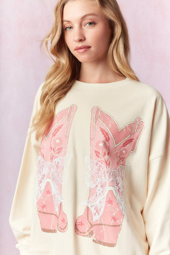 Peach Love Sweatshirt with Graphic Print Boot and Lace Bow in Cream