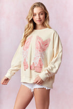Load image into Gallery viewer, Peach Love Sweatshirt with Graphic Print Boot and Lace Bow in Cream
