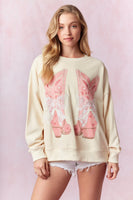Peach Love Sweatshirt with Graphic Print Boot and Lace Bow in Cream
