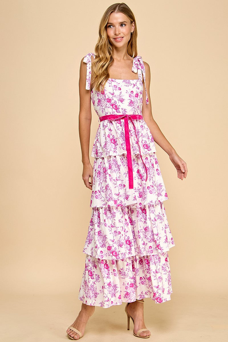 TCEC Floral Print Tiered Midi Dress in Pink