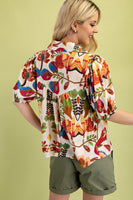GiGio Floral Print Collared Tied Top in Brown Multi