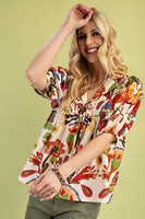 GiGio Floral Print Collared Tied Top in Brown Multi