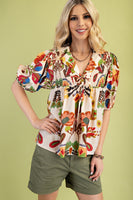 GiGio Floral Print Collared Tied Top in Brown Multi
