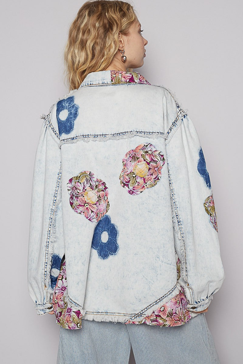 POL Flower Print and Patched Jacket in Denim – June Adel