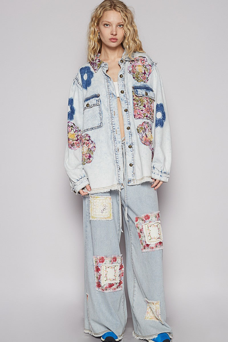 POL Flower Print and Patched Jacket in Denim – June Adel