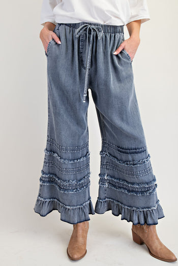 Easel Self Fray Chambray Pants in Dark Denim