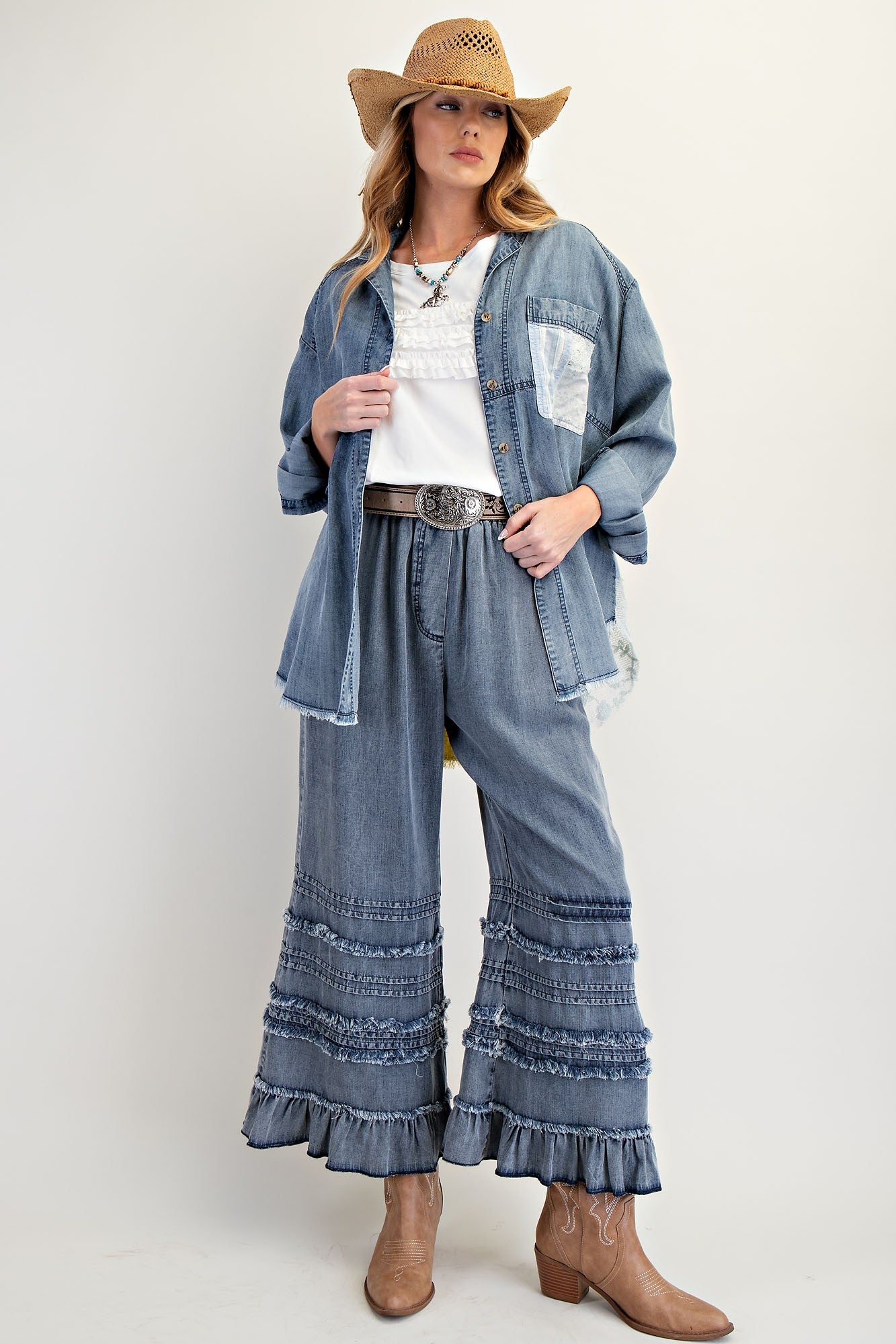 Easel Self Fray Chambray Pants in Dark Denim – June Adel