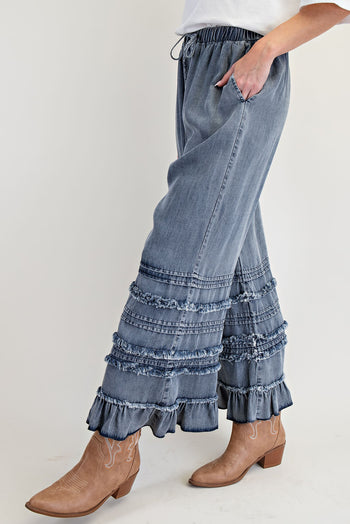 Easel Self Fray Chambray Pants in Dark Denim