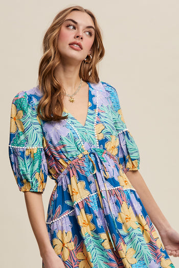 Listicle Vibrant Floral Print Maxi Dress in Denim