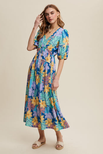Listicle Vibrant Floral Print Maxi Dress in Denim