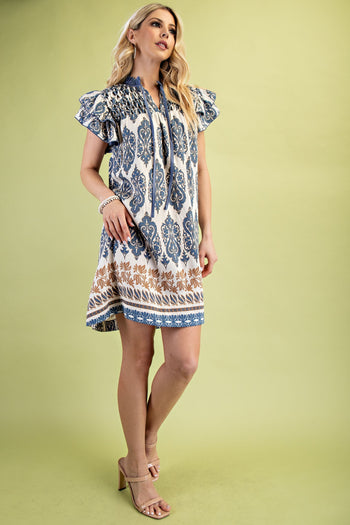 GiGio Mixed Print Mini Dress with Smocked Details in Slate Blue Mix