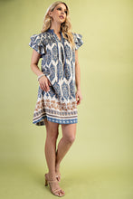 Load image into Gallery viewer, GiGio Mixed Print Mini Dress with Smocked Details in Slate Blue Mix

