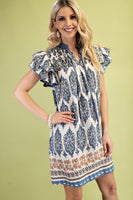 GiGio Mixed Print Mini Dress with Smocked Details in Slate Blue Mix