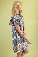 GiGio Mixed Print Mini Dress with Smocked Details in Slate Blue Mix