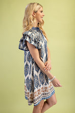 Load image into Gallery viewer, GiGio Mixed Print Mini Dress with Smocked Details in Slate Blue Mix
