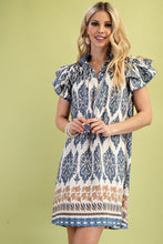 Load image into Gallery viewer, GiGio Mixed Print Mini Dress with Smocked Details in Slate Blue Mix
