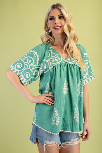 GiGio Mixed Print Top with Trim Details in Mint Mix