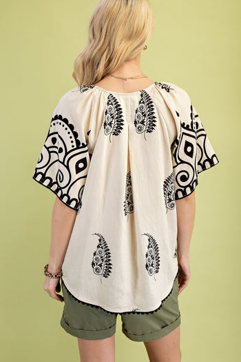 GiGio Mixed Print Top with Trim Details in Cream Mix