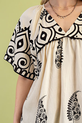 GiGio Mixed Print Top with Trim Details in Cream Mix