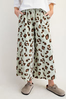 Easel Leopard Print Mineral Washed Terry Knit Pants in Faded Sage