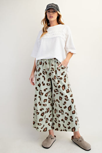 Easel Leopard Print Mineral Washed Terry Knit Pants in Faded Sage