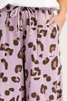 Easel Leopard Print Mineral Washed Terry Knit Pants in Mauve