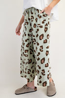 Easel Leopard Print Mineral Washed Terry Knit Pants in Faded Sage
