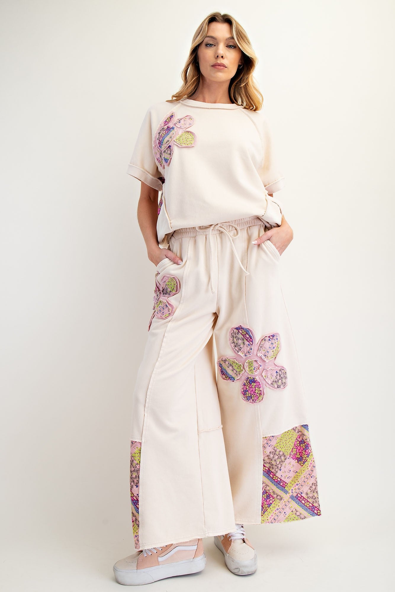 Easel Flower Patched Terry Knit Pants in Ecru – June Adel
