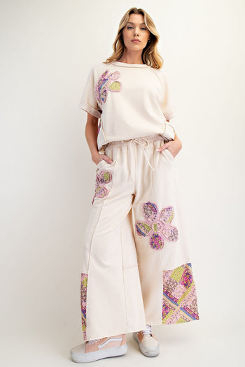 Easel Flower Patched Terry Knit Pants in Ecru