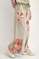 Easel Flower Patched Terry Knit Pants in Faded Olive