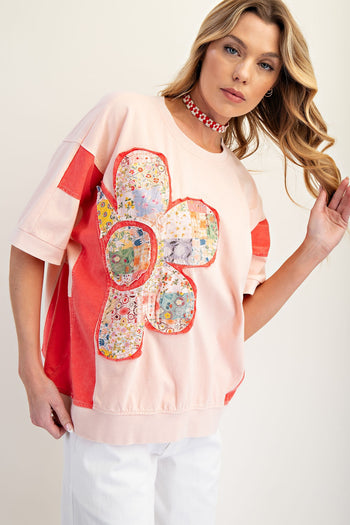 Easel Mineral Washed Color Block Flower Patched Top in Peach Coral