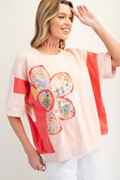Easel Mineral Washed Color Block Flower Patched Top in Peach Coral