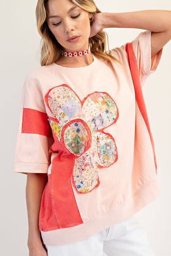 Easel Mineral Washed Color Block Flower Patched Top in Peach Coral