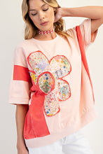 Load image into Gallery viewer, Easel Mineral Washed Color Block Flower Patched Top in Peach Coral
