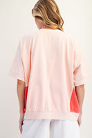 Easel Mineral Washed Color Block Flower Patched Top in Peach Coral