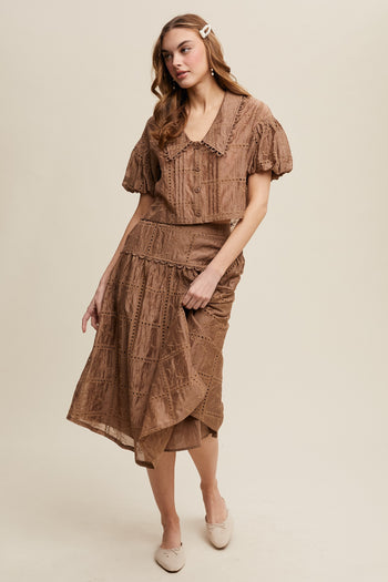 Listicle Eyelet Lace Top and Skirt Set in Mocha