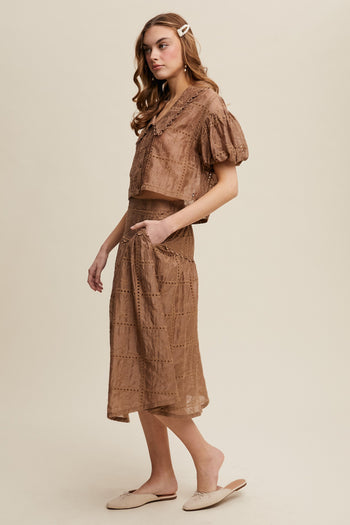 Listicle Eyelet Lace Top and Skirt Set in Mocha