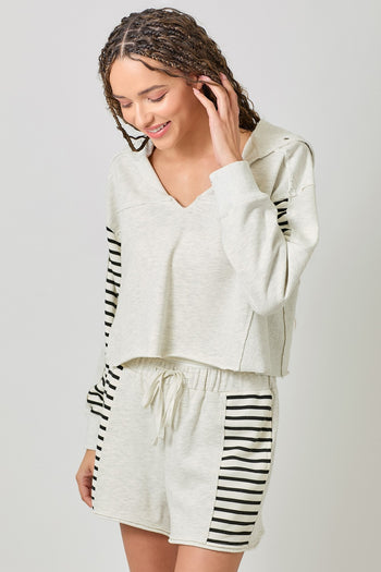 Mystree Cropped Dolman Sleeve Terry Hoodie Top in Oatmeal (TOP ONLY)