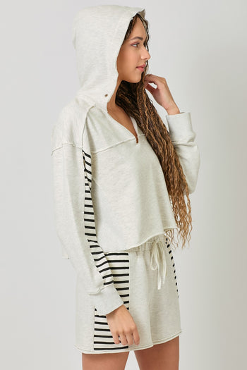 Mystree Cropped Dolman Sleeve Terry Hoodie Top in Oatmeal (TOP ONLY)