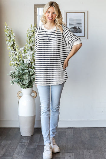 7th Ray Striped Textured Raglan Top in Navy