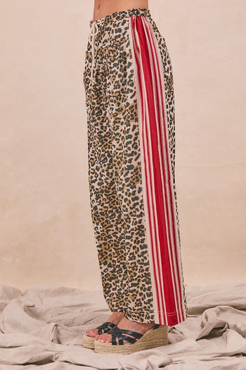 BiBi Leopard Pants with Contrasting Stripe Print Sides in Leopard/Crimson ON ORDER