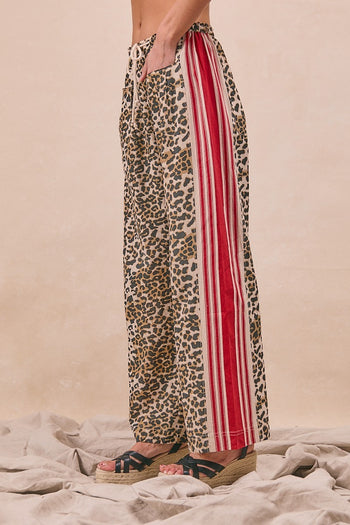 BiBi Leopard Pants with Contrasting Stripe Print Sides in Leopard/Crimson ON ORDER