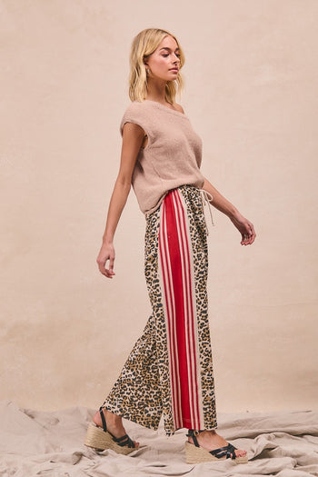 BiBi Leopard Pants with Contrasting Stripe Print Sides in Leopard/Crimson ON ORDER