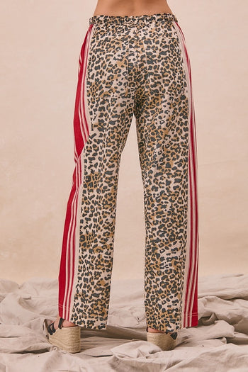 BiBi Leopard Pants with Contrasting Stripe Print Sides in Leopard/Crimson ON ORDER