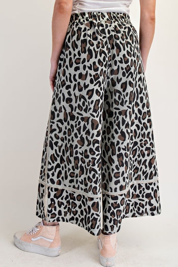 Easel Leopard Print Terry Knit Pants in Sage Grey