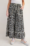 Easel Leopard Print Terry Knit Pants in Sage Grey