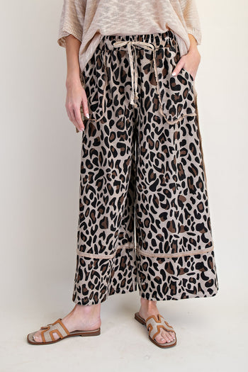 Easel Leopard Print Terry Knit Pants in Mushroom